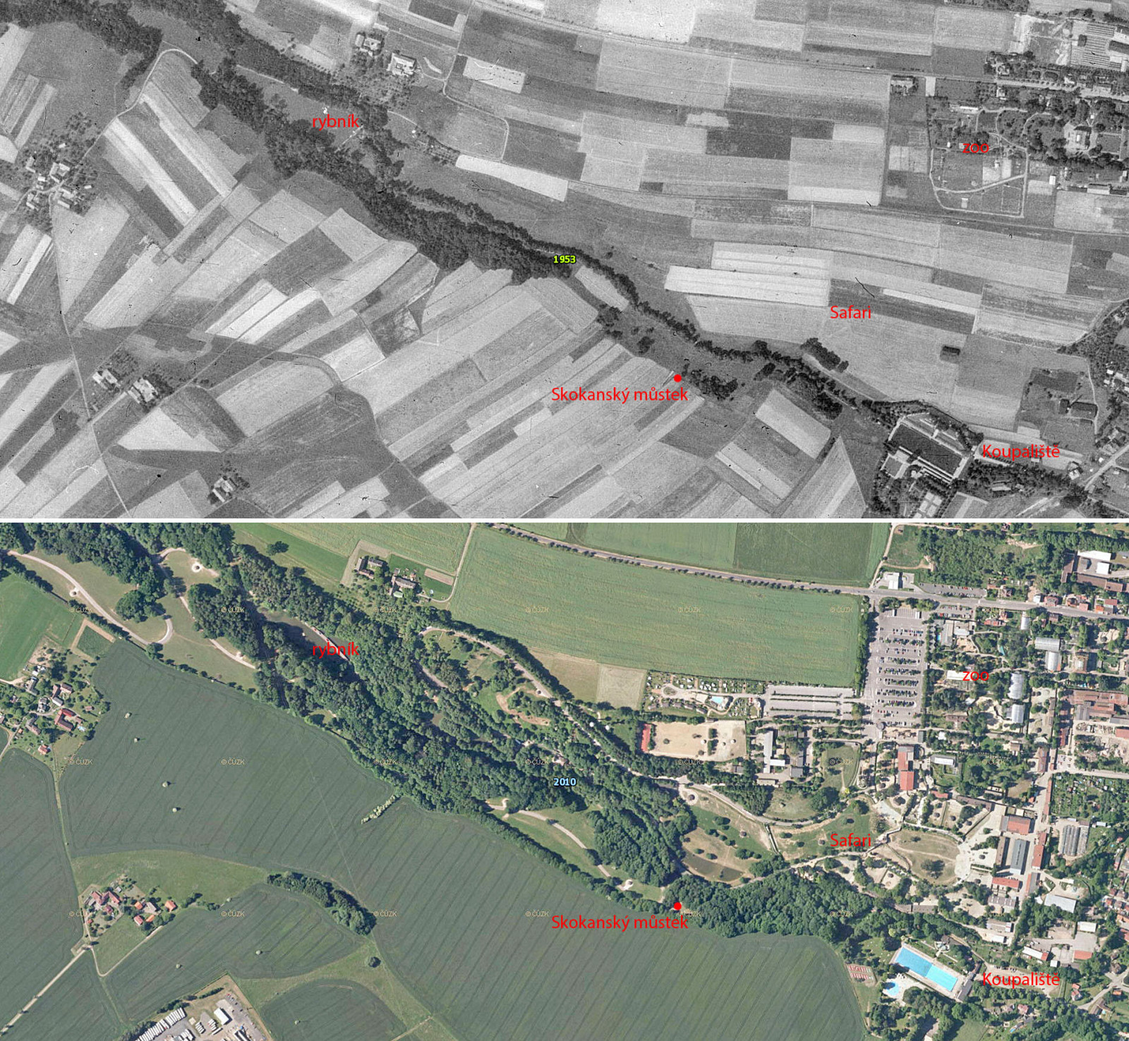 srovnn zem dolka potoku Neteba v roce 1953 a v roce 2010.